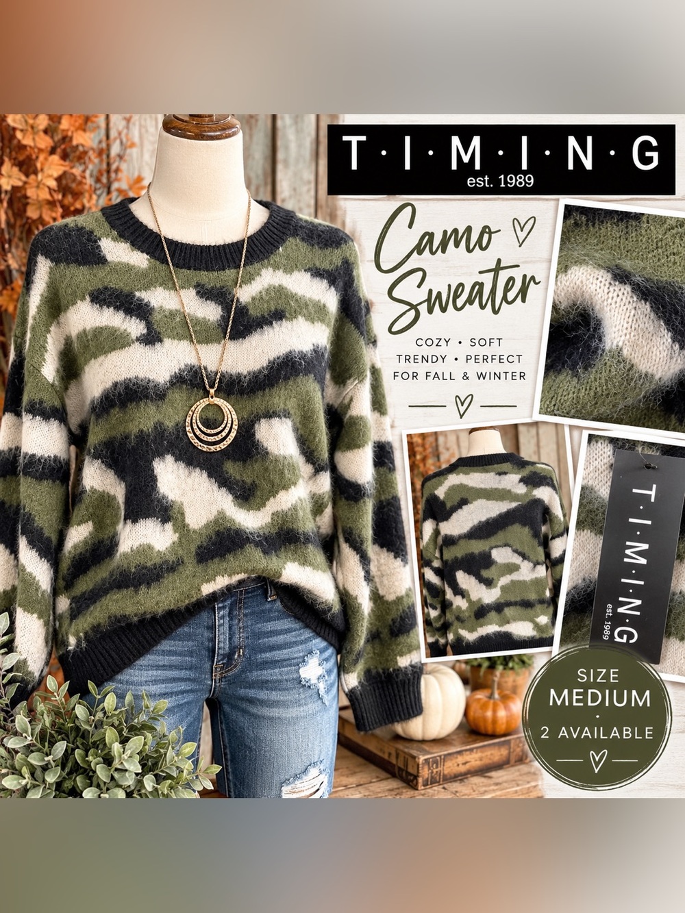 Timing Camo Crewneck Sweater - Olive Green/Black/White